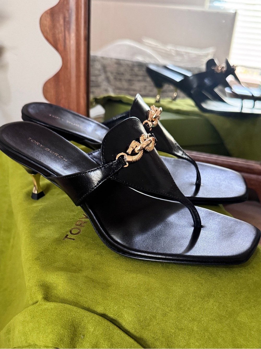 Tory Burch Black Leather Thong Mules with Gold Chain Accent